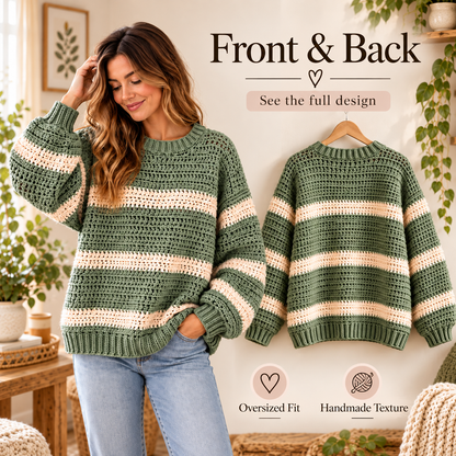 Oversized Crochet Sweater Pattern PDF | Sage & Cream Striped Pullover | Balloon Sleeve Women’s Sweater | Cozy Digital Download