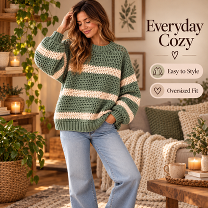 Oversized Crochet Sweater Pattern PDF | Sage & Cream Striped Pullover | Balloon Sleeve Women’s Sweater | Cozy Digital Download