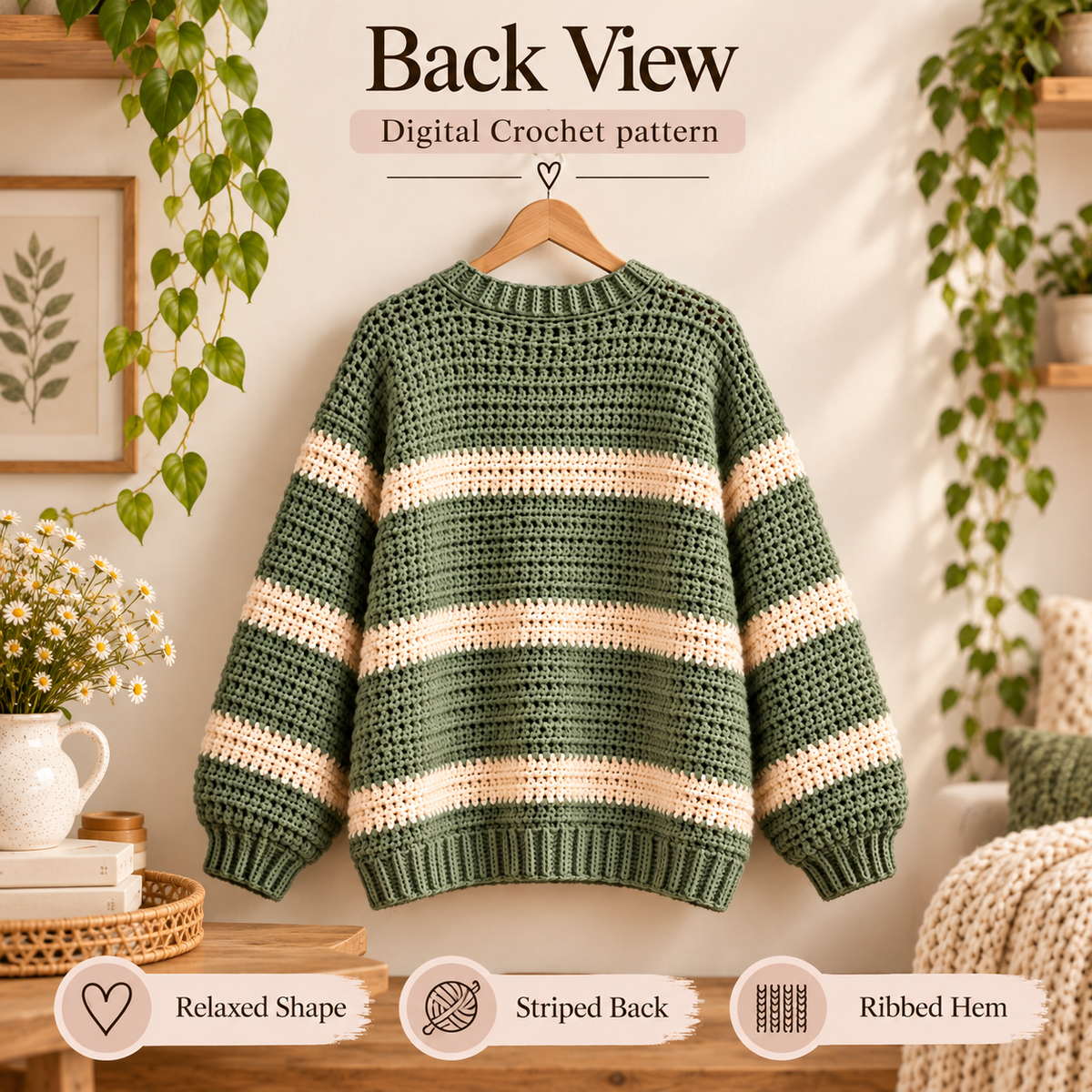 Oversized Crochet Sweater Pattern PDF | Sage & Cream Striped Pullover | Balloon Sleeve Women’s Sweater | Cozy Digital Download