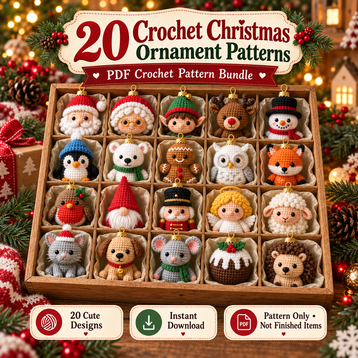 20-in-1 Christmas Crochet Ornament Pattern Bundle | Mini Amigurumi Baubles & Holiday Characters | Beginner Friendly PDF Download