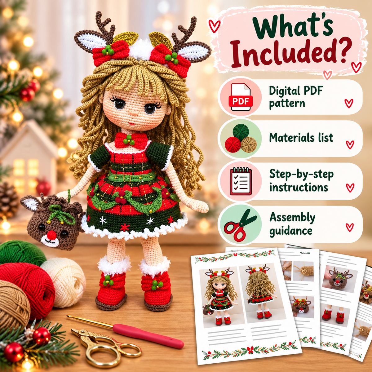 Christmas Reindeer Doll Crochet Pattern PDF | Holiday Amigurumi Doll