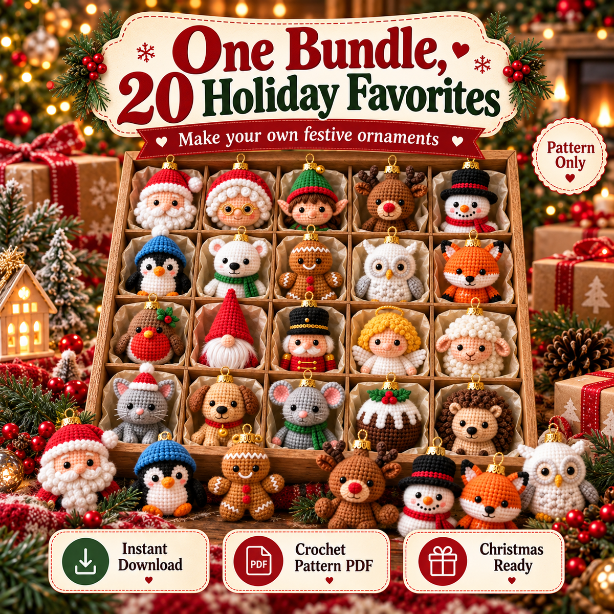 20-in-1 Christmas Crochet Ornament Pattern Bundle | Mini Amigurumi Baubles & Holiday Characters | Beginner Friendly PDF Download
