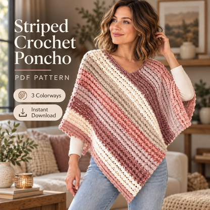 Striped Crochet Poncho Pattern PDF | Easy V-Neck Women’s Poncho | 3 Colorways | Cozy Layering Top Crochet Pattern Digital Download