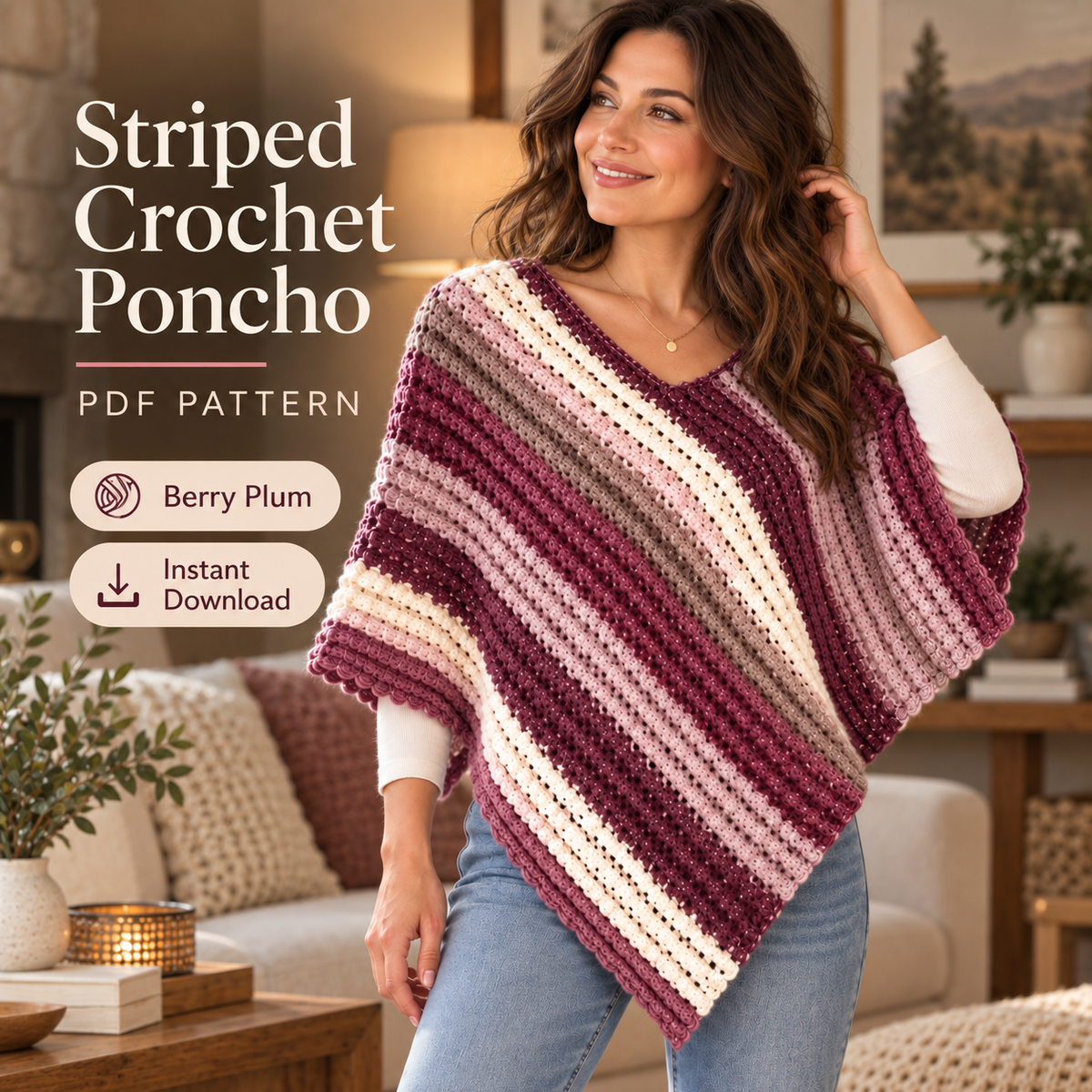 Striped Crochet Poncho Pattern PDF | Easy V-Neck Women’s Poncho | 3 Colorways | Cozy Layering Top Crochet Pattern Digital Download