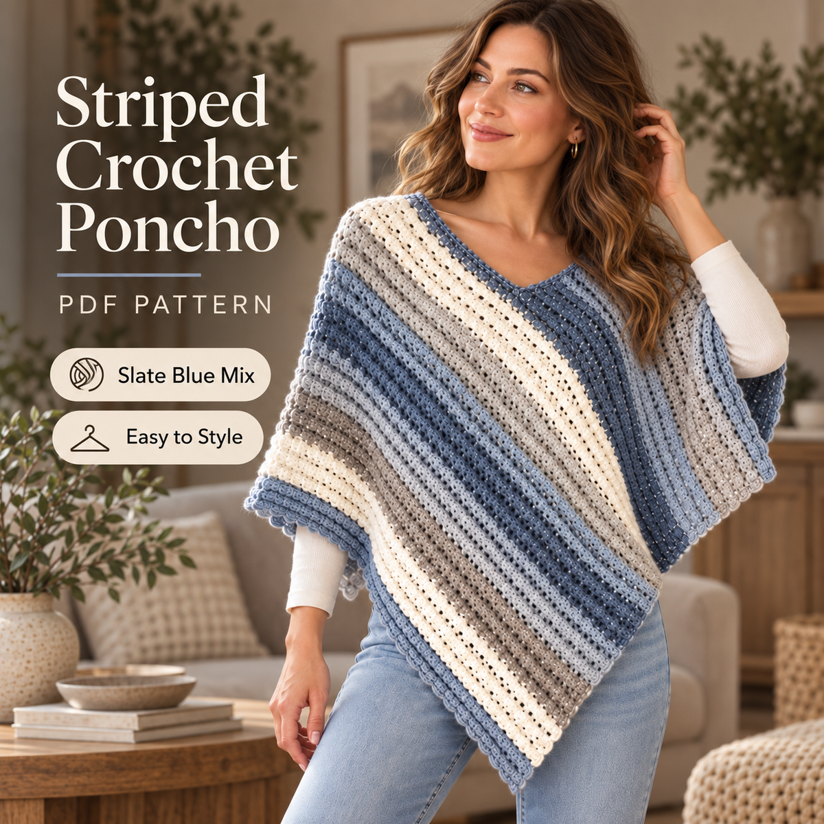 Striped Crochet Poncho Pattern PDF | Easy V-Neck Women’s Poncho | 3 Colorways | Cozy Layering Top Crochet Pattern Digital Download