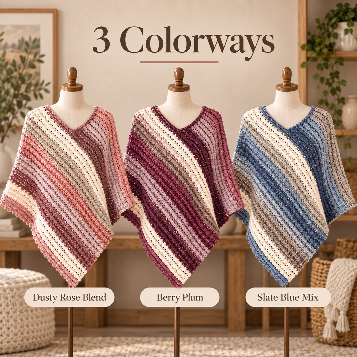 Striped Crochet Poncho Pattern PDF | Easy V-Neck Women’s Poncho | 3 Colorways | Cozy Layering Top Crochet Pattern Digital Download