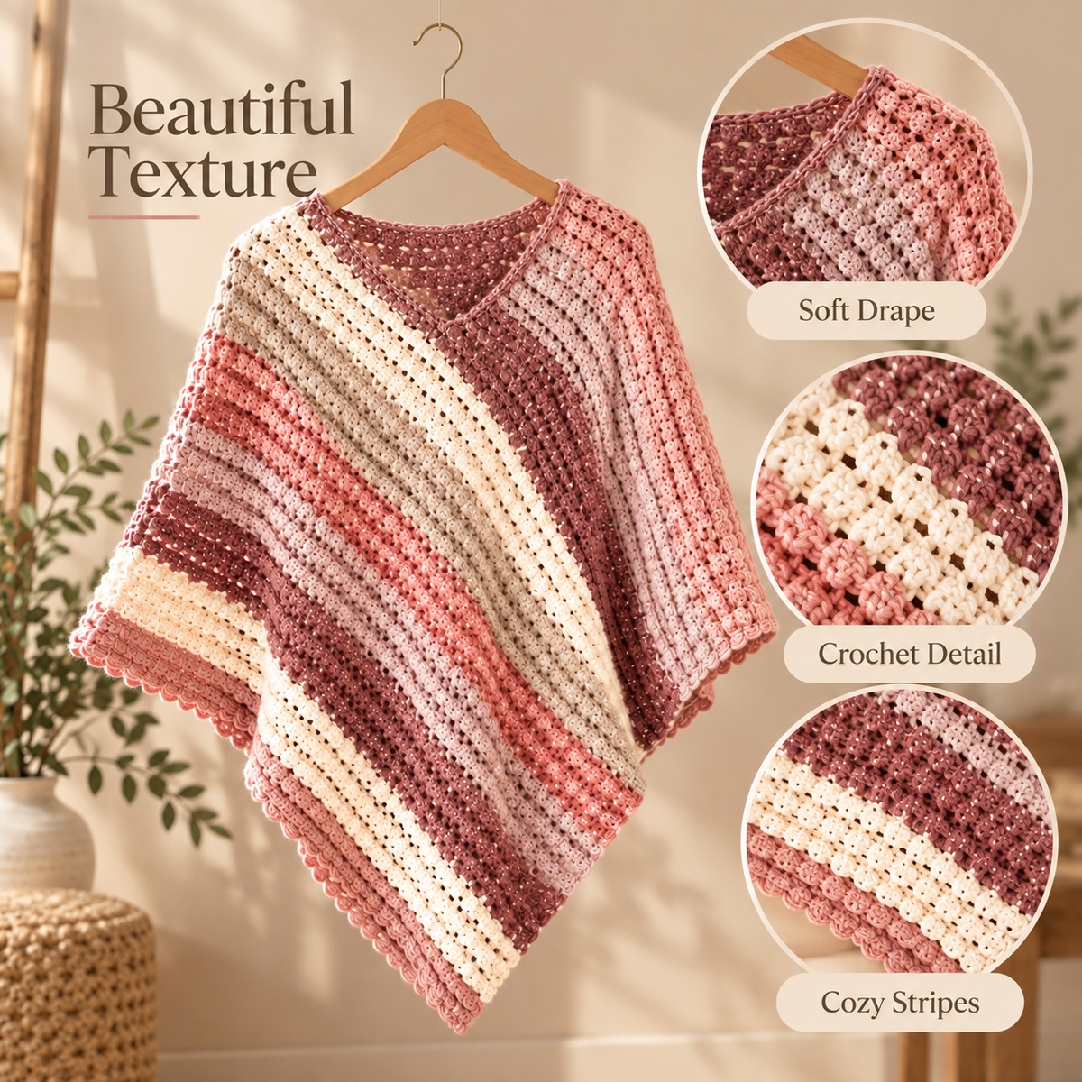 Striped Crochet Poncho Pattern PDF | Easy V-Neck Women’s Poncho | 3 Colorways | Cozy Layering Top Crochet Pattern Digital Download