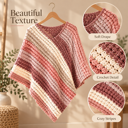 Striped Crochet Poncho Pattern PDF | Easy V-Neck Women’s Poncho | 3 Colorways | Cozy Layering Top Crochet Pattern Digital Download