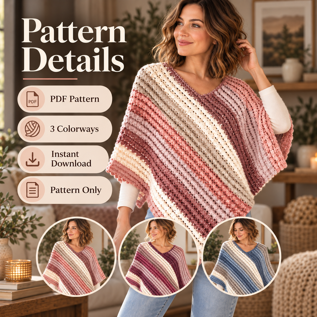 Striped Crochet Poncho Pattern PDF | Easy V-Neck Women’s Poncho | 3 Colorways | Cozy Layering Top Crochet Pattern Digital Download