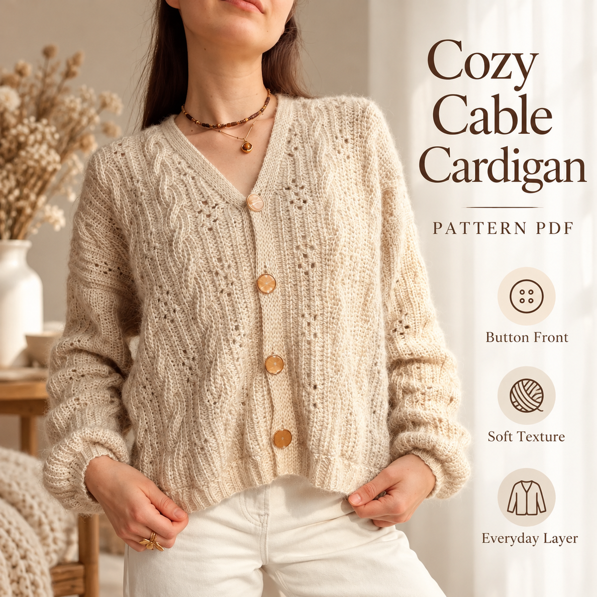 Cable Crochet Cardigan Pattern PDF | V-Neck Women’s Cardigan | Made-to-Measure Sweater with Statement Buttons | Digital Download