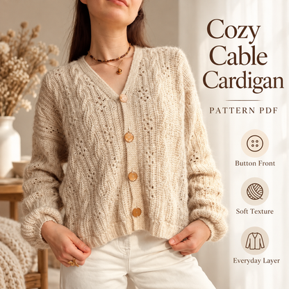 Cable Crochet Cardigan Pattern PDF | V-Neck Women’s Cardigan | Made-to-Measure Sweater with Statement Buttons | Digital Download