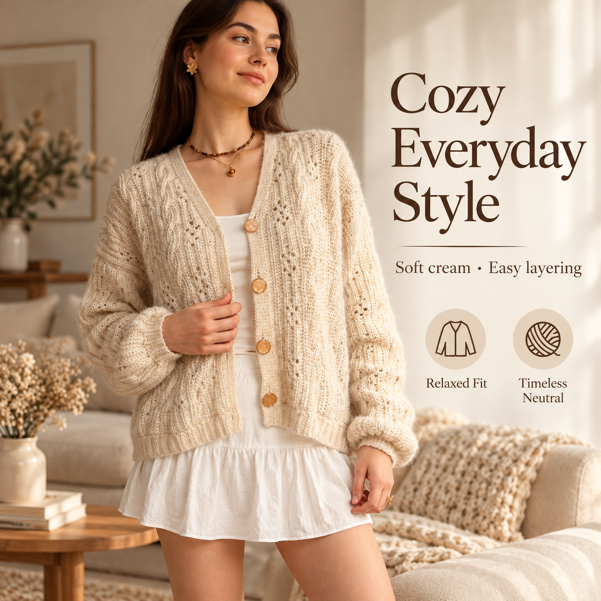Cable Crochet Cardigan Pattern PDF | V-Neck Women’s Cardigan | Made-to-Measure Sweater with Statement Buttons | Digital Download