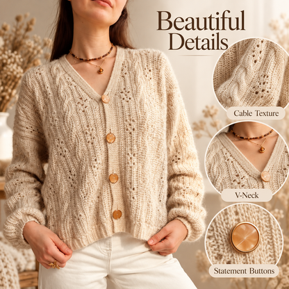 Cable Crochet Cardigan Pattern PDF | V-Neck Women’s Cardigan | Made-to-Measure Sweater with Statement Buttons | Digital Download