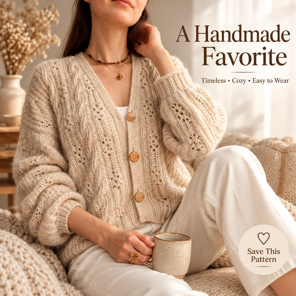 Cable Crochet Cardigan Pattern PDF | V-Neck Women’s Cardigan | Made-to-Measure Sweater with Statement Buttons | Digital Download