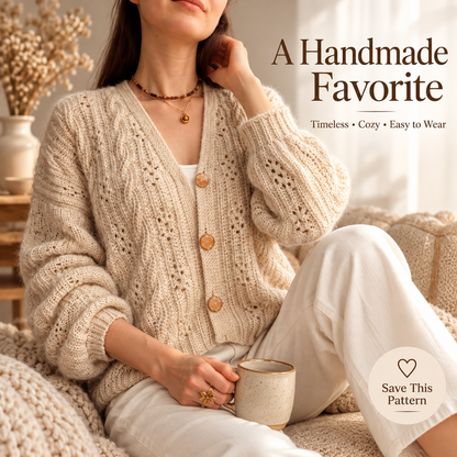 Cable Crochet Cardigan Pattern PDF | V-Neck Women’s Cardigan | Made-to-Measure Sweater with Statement Buttons | Digital Download