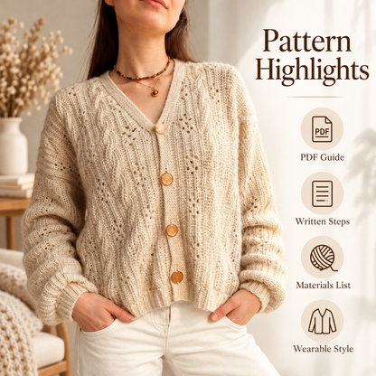 Cable Crochet Cardigan Pattern PDF | V-Neck Women’s Cardigan | Made-to-Measure Sweater with Statement Buttons | Digital Download