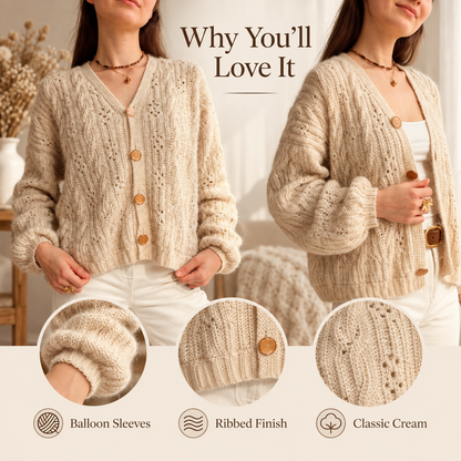 Cable Crochet Cardigan Pattern PDF | V-Neck Women’s Cardigan | Made-to-Measure Sweater with Statement Buttons | Digital Download