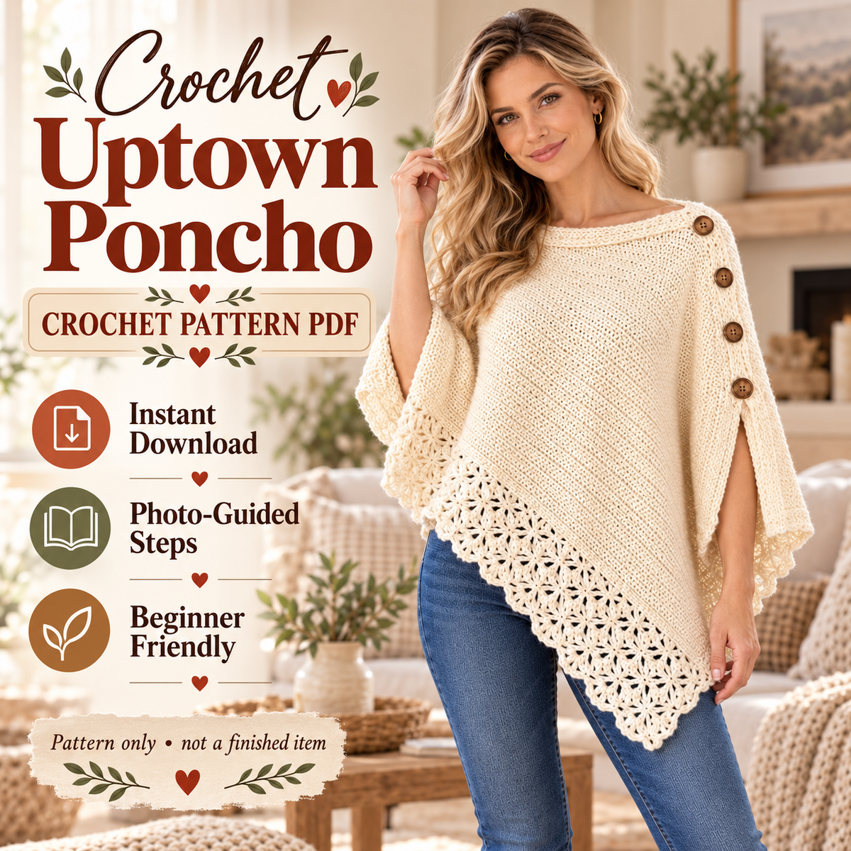 Women’s Crochet Poncho Pattern PDF | Elegant Uptown Poncho with Lace Border & Buttons | Beginner Friendly Sweater | Digital Download