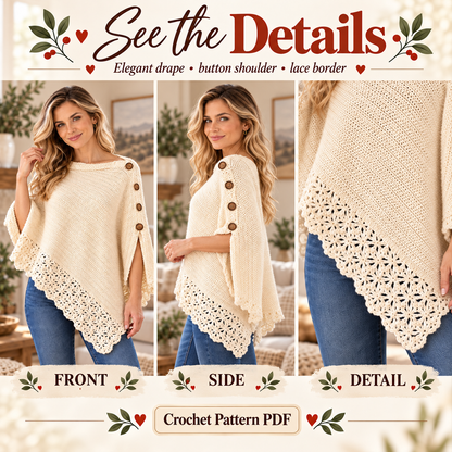 Women’s Crochet Poncho Pattern PDF | Elegant Uptown Poncho with Lace Border & Buttons | Beginner Friendly Sweater | Digital Download