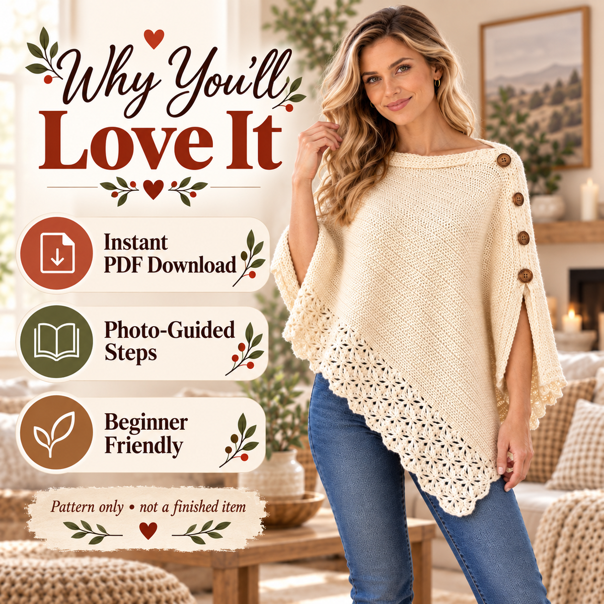 Women’s Crochet Poncho Pattern PDF | Elegant Uptown Poncho with Lace Border & Buttons | Beginner Friendly Sweater | Digital Download