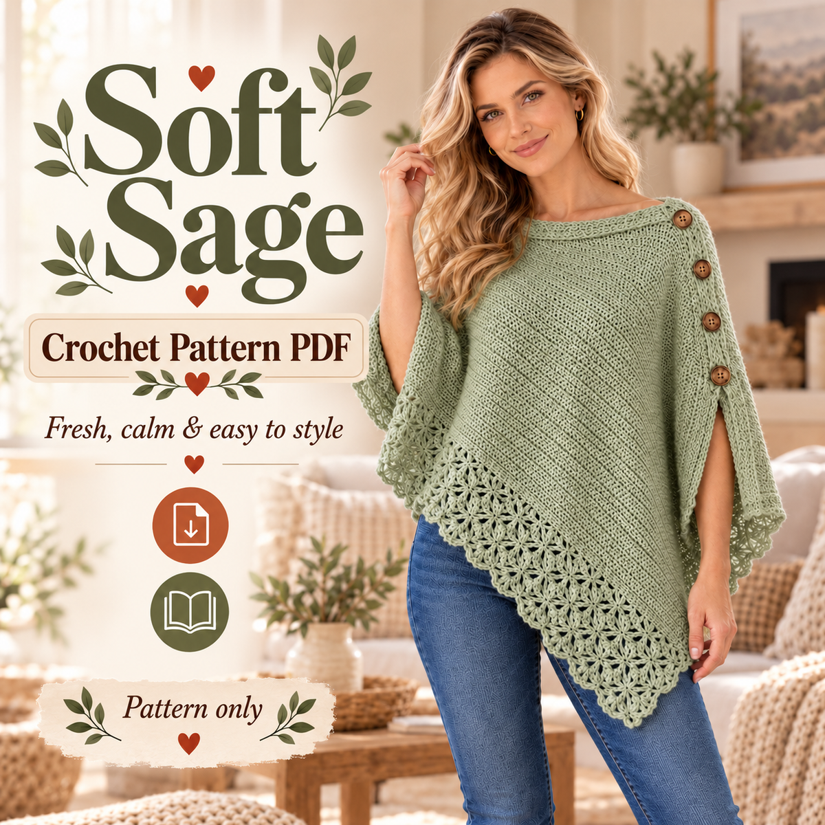 Women’s Crochet Poncho Pattern PDF | Elegant Uptown Poncho with Lace Border & Buttons | Beginner Friendly Sweater | Digital Download