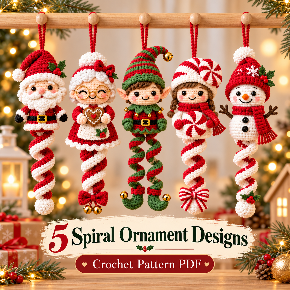 5 Christmas Spiral Ornament Crochet Patterns PDF | Santa, Mrs Claus, Elf, Peppermint Girl & Snowman