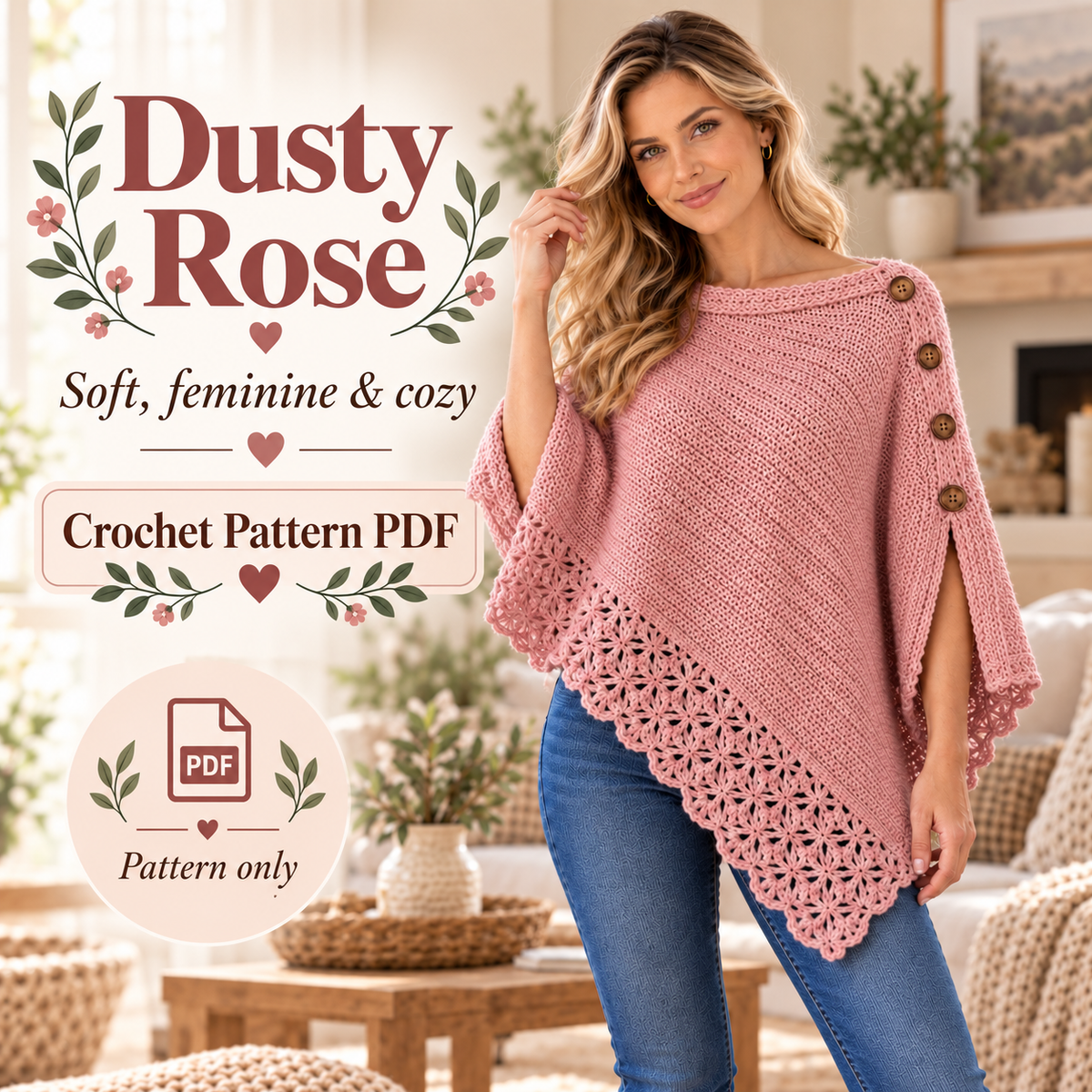 Women’s Crochet Poncho Pattern PDF | Elegant Uptown Poncho with Lace Border & Buttons | Beginner Friendly Sweater | Digital Download