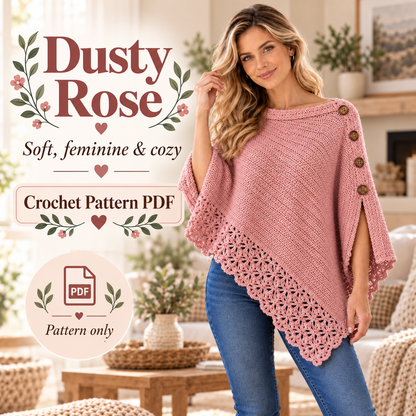 Women’s Crochet Poncho Pattern PDF | Elegant Uptown Poncho with Lace Border & Buttons | Beginner Friendly Sweater | Digital Download