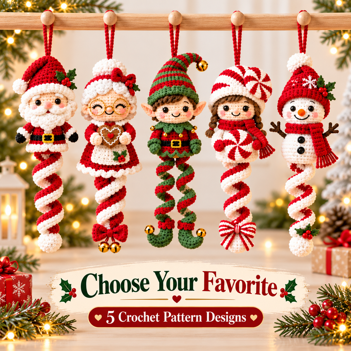 5 Christmas Spiral Ornament Crochet Patterns PDF | Santa, Mrs Claus, Elf, Peppermint Girl & Snowman