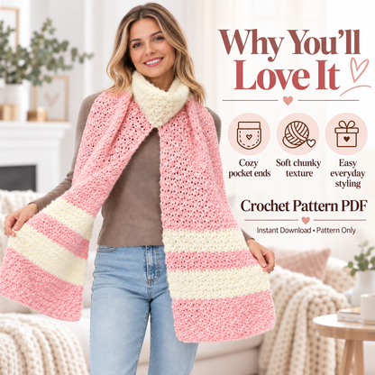 Crochet Pocket Scarf Pattern PDF | Cozy Winter Scarf with Pockets | Easy Women’s Crochet Accessory | Beginner Friendly Digital Download