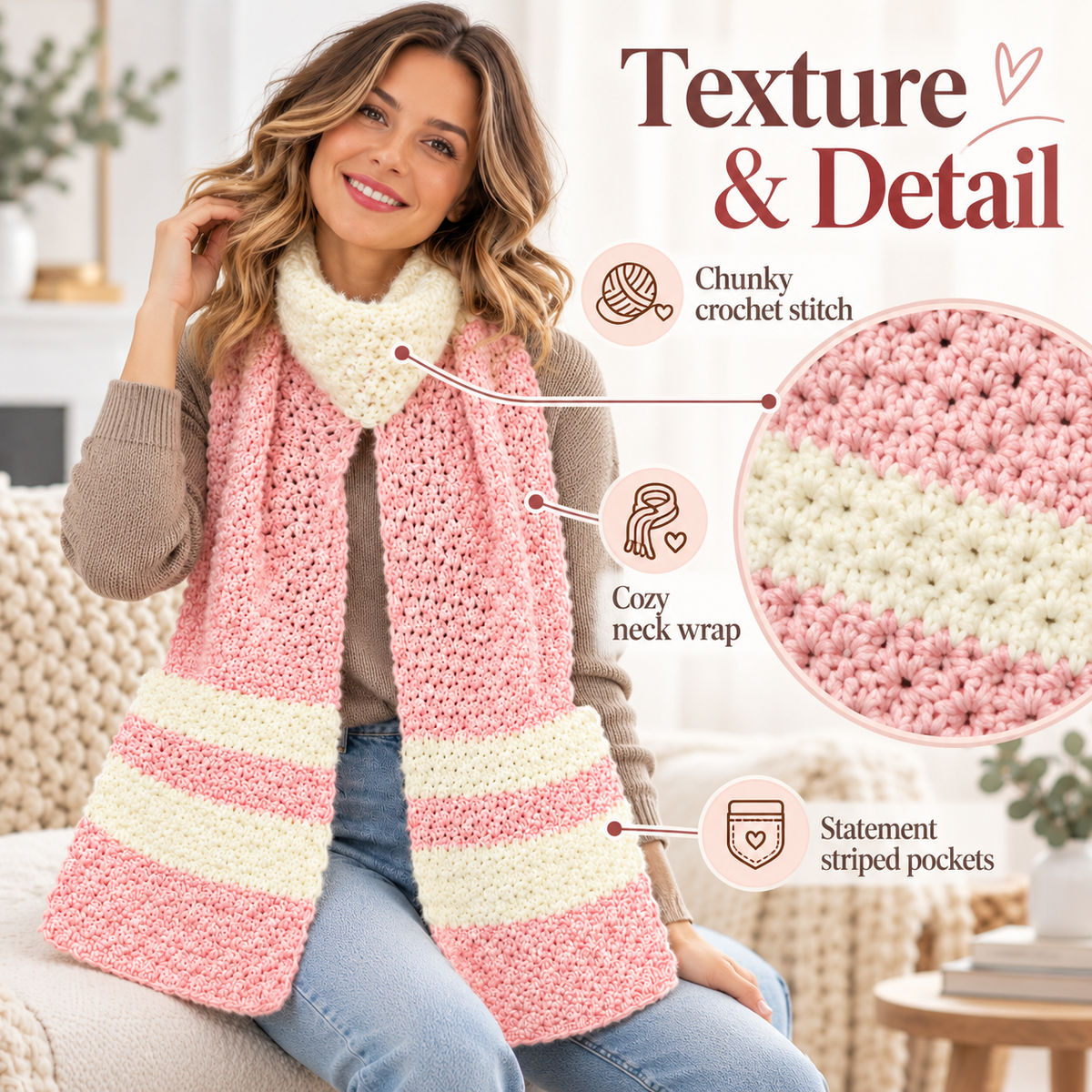 Crochet Pocket Scarf Pattern PDF | Cozy Winter Scarf with Pockets | Easy Women’s Crochet Accessory | Beginner Friendly Digital Download