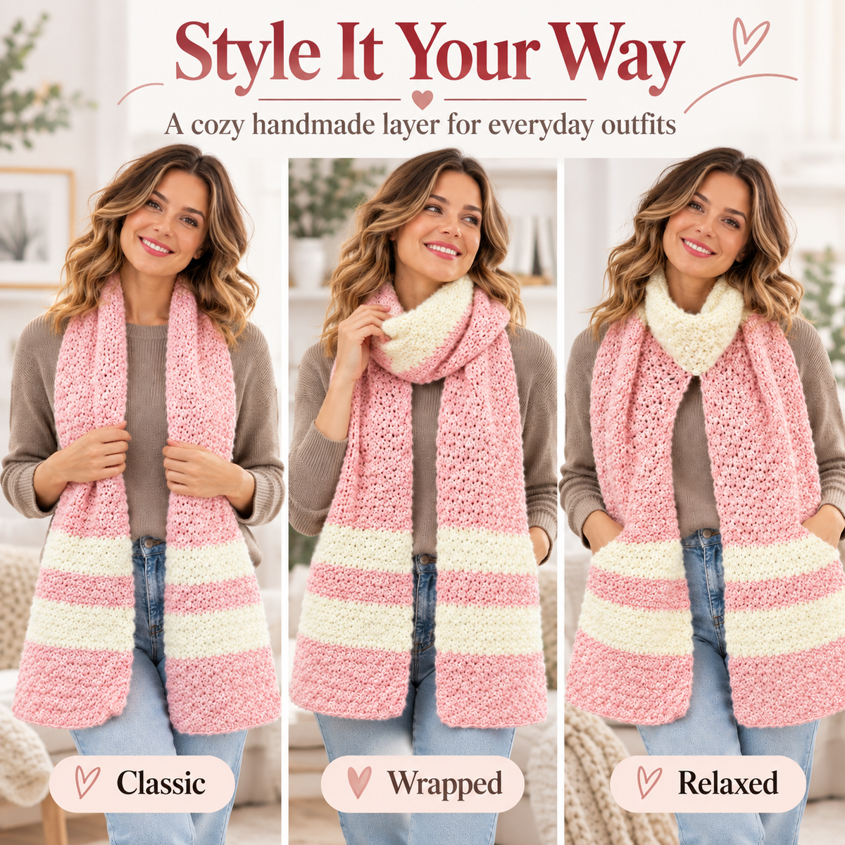 Crochet Pocket Scarf Pattern PDF | Cozy Winter Scarf with Pockets | Easy Women’s Crochet Accessory | Beginner Friendly Digital Download