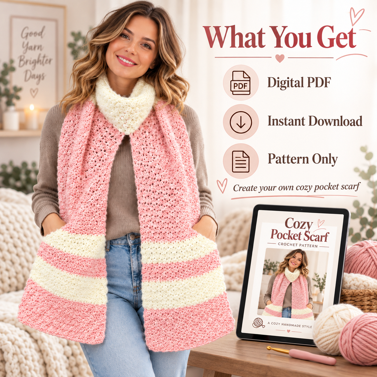 Crochet Pocket Scarf Pattern PDF | Cozy Winter Scarf with Pockets | Easy Women’s Crochet Accessory | Beginner Friendly Digital Download