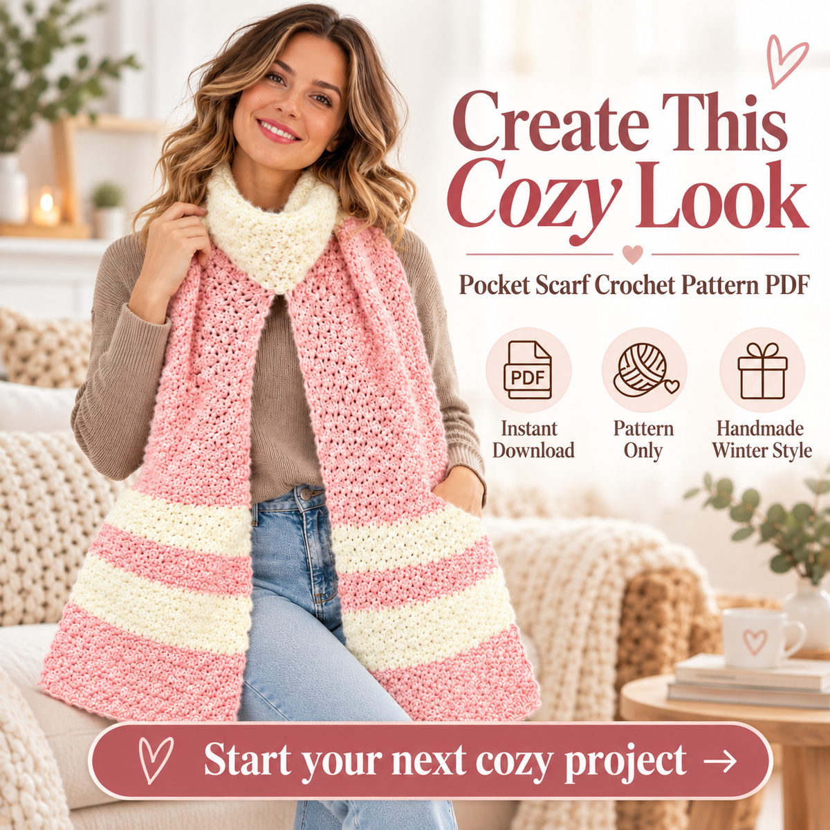 Crochet Pocket Scarf Pattern PDF | Cozy Winter Scarf with Pockets | Easy Women’s Crochet Accessory | Beginner Friendly Digital Download