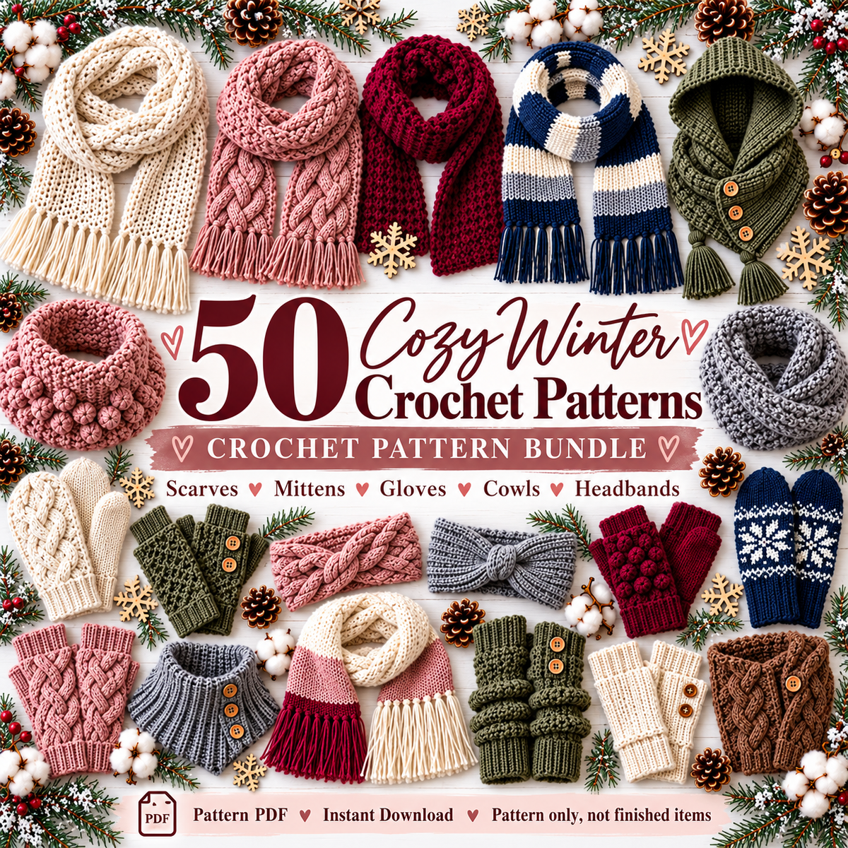 50 Winter Crochet Patterns Bundle PDF | Scarves, Mittens, Gloves, Cowls & Headbands | Cozy Accessories Digital Download