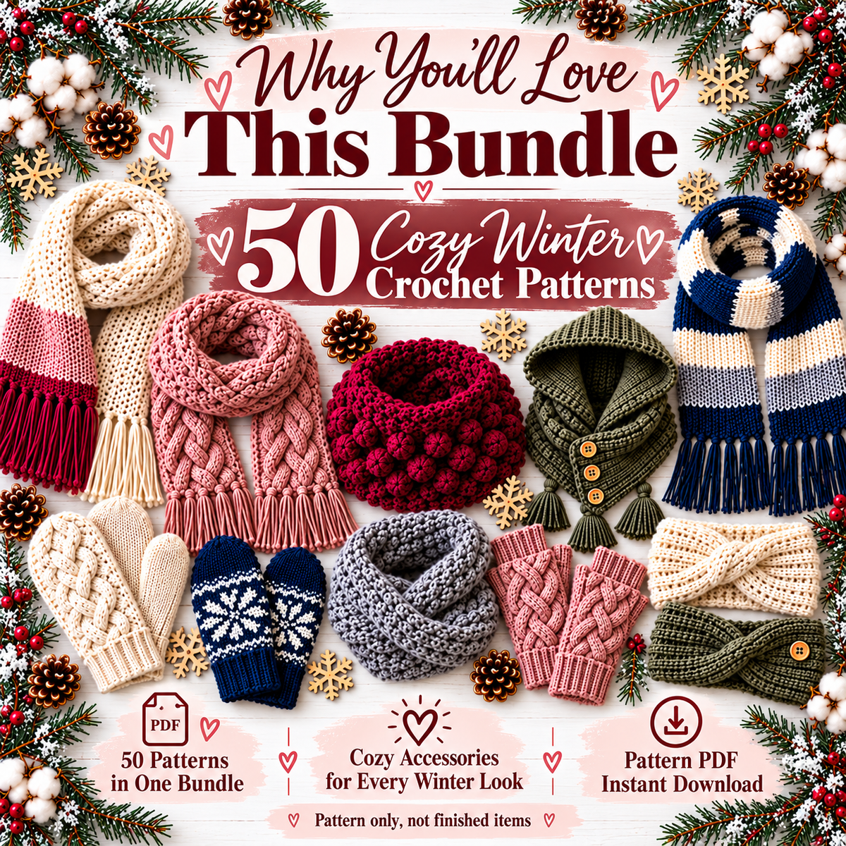 50 Winter Crochet Patterns Bundle PDF | Scarves, Mittens, Gloves, Cowls & Headbands | Cozy Accessories Digital Download