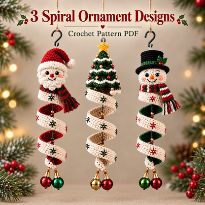 3-in-1 Christmas Spiral Ornament Crochet Pattern PDF | Santa Snowman & Christmas Tree Hanging Decor