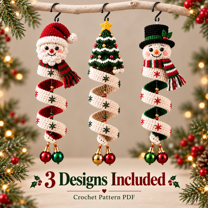 3-in-1 Christmas Spiral Ornament Crochet Pattern PDF | Santa Snowman & Christmas Tree Hanging Decor