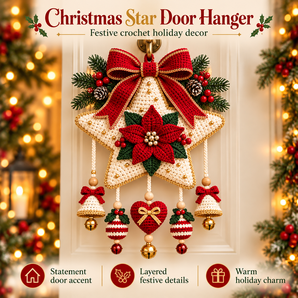 Christmas Star Door Hanger Crochet Pattern PDF | Poinsettia, Bells & Ornaments | Holiday Wall Decor | Digital Download