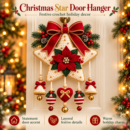 Christmas Star Door Hanger Crochet Pattern PDF | Poinsettia, Bells & Ornaments | Holiday Wall Decor | Digital Download