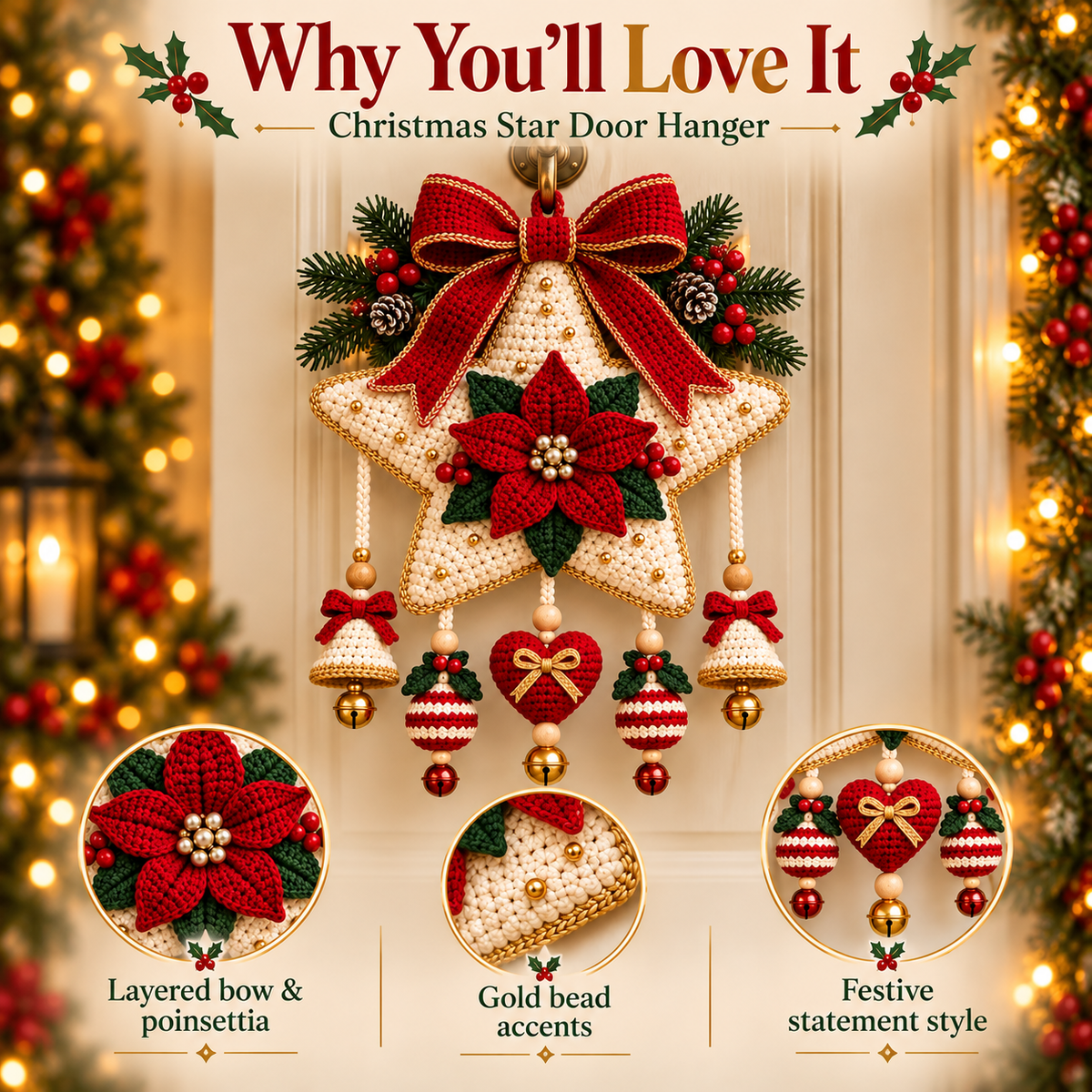 Christmas Star Door Hanger Crochet Pattern PDF | Poinsettia, Bells & Ornaments | Holiday Wall Decor | Digital Download