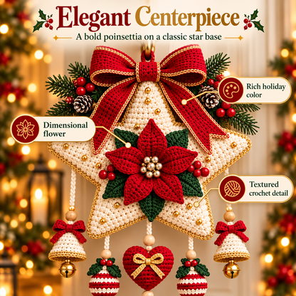 Christmas Star Door Hanger Crochet Pattern PDF | Poinsettia, Bells & Ornaments | Holiday Wall Decor | Digital Download