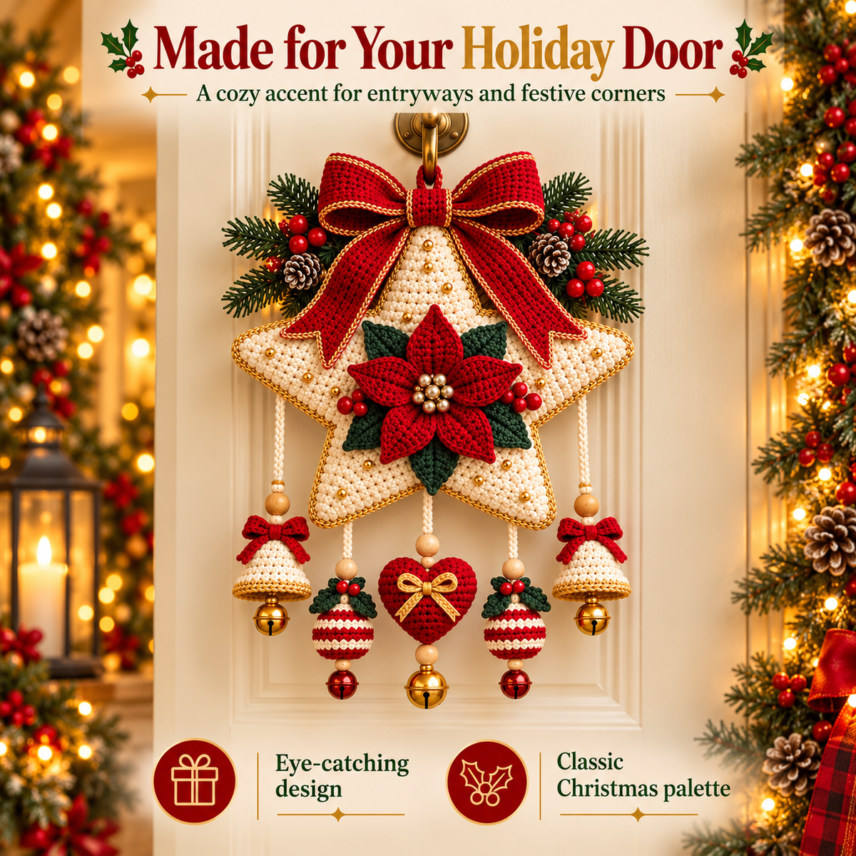 Christmas Star Door Hanger Crochet Pattern PDF | Poinsettia, Bells & Ornaments | Holiday Wall Decor | Digital Download