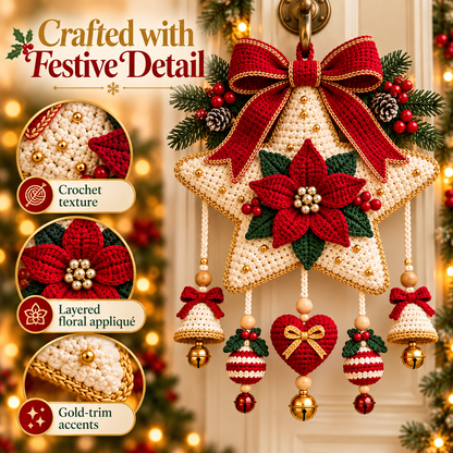 Christmas Star Door Hanger Crochet Pattern PDF | Poinsettia, Bells & Ornaments | Holiday Wall Decor | Digital Download
