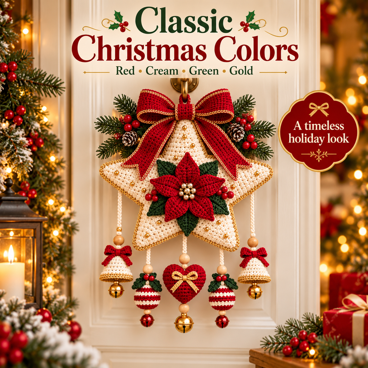 Christmas Star Door Hanger Crochet Pattern PDF | Poinsettia, Bells & Ornaments | Holiday Wall Decor | Digital Download