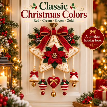 Christmas Star Door Hanger Crochet Pattern PDF | Poinsettia, Bells & Ornaments | Holiday Wall Decor | Digital Download