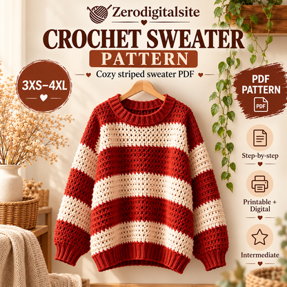 Striped Crochet Sweater Pattern PDF | Oversized Women’s Pullover | Red & Cream Crochet Sweater | Sizes 3XS–4XL Digital Download