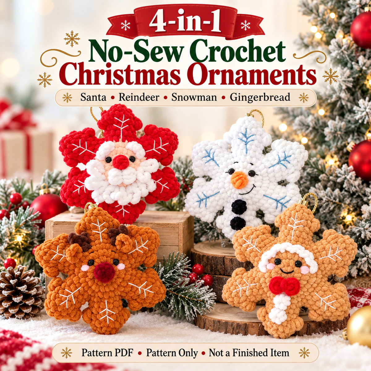 4-in-1 No-Sew Christmas Snowflake Crochet Pattern PDF | Santa, Snowman, Reindeer & Gingerbread Amigurumi Ornaments