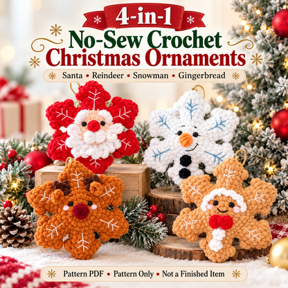 4-in-1 No-Sew Christmas Snowflake Crochet Pattern PDF | Santa, Snowman, Reindeer & Gingerbread Amigurumi Ornaments