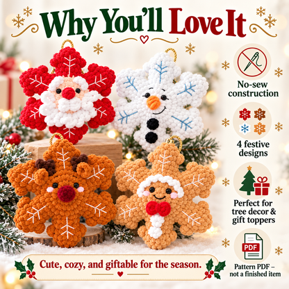 4-in-1 No-Sew Christmas Snowflake Crochet Pattern PDF | Santa, Snowman, Reindeer & Gingerbread Amigurumi Ornaments